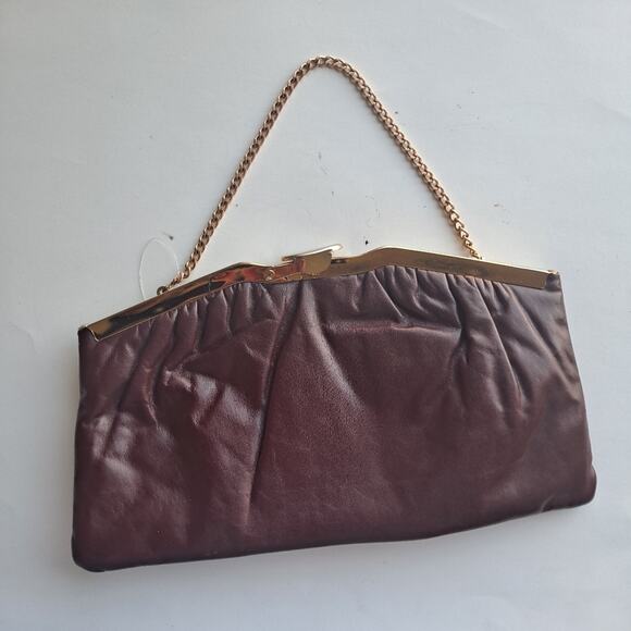 Vintage Burgundy Leather Clutch Purse with 14" Chain Strap (Small) - Picture 2 of 8